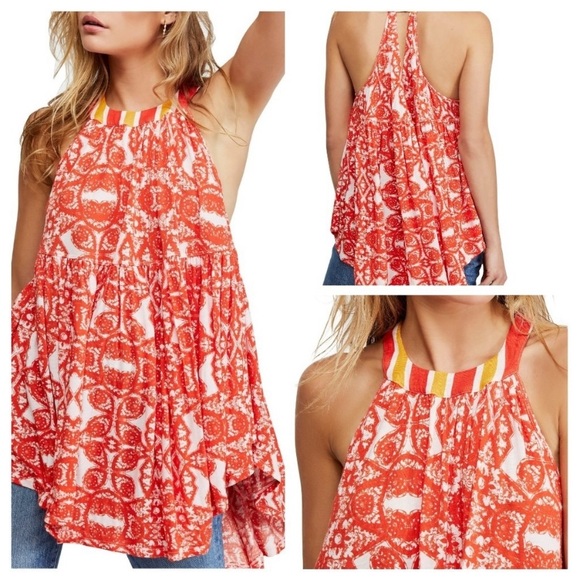 FREE PEOPLE FLOWY TUNIC TOP IN ORANGE RED LAVENDER SIZE MEDIUM - Picture 4 of 4